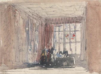 Ein Tudor-Raum mit Figuren, möglicherweise Hardwick Hall oder Haddon Hall